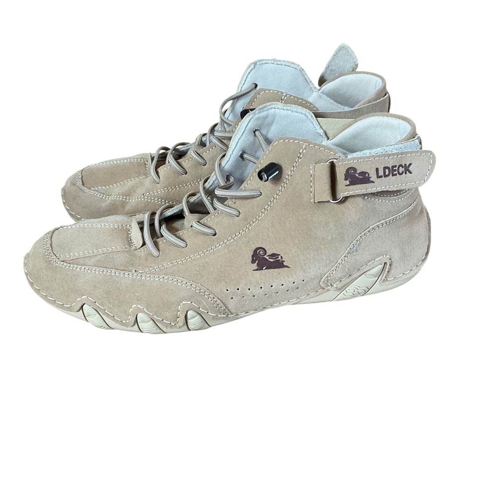 LDECK High Top Driving Shoes Mens 10 Tan Suede Leather Sneakers Ram Logo